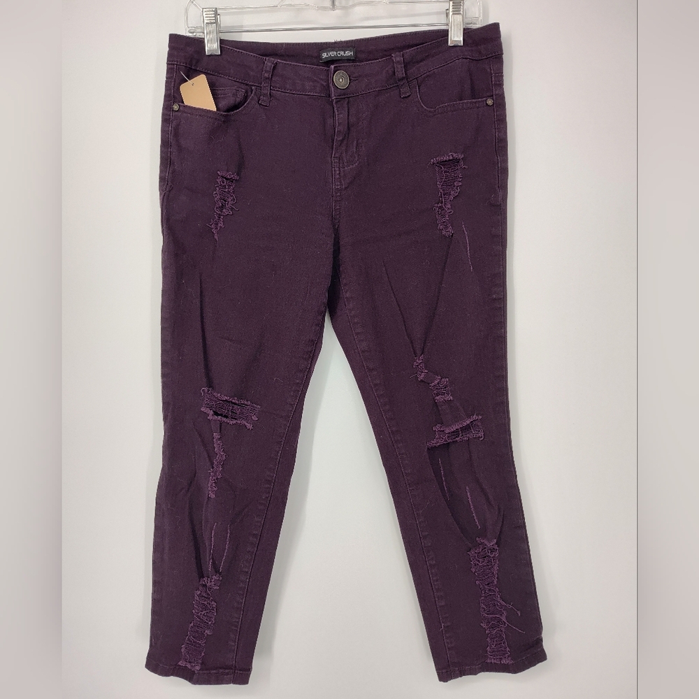 Silver Crush Mid Rise Plum Distressed Cropped Jeans Women's Size 7/8